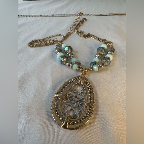 Large goldtone blue bead filigree statement necklace - Picture 5 of 7